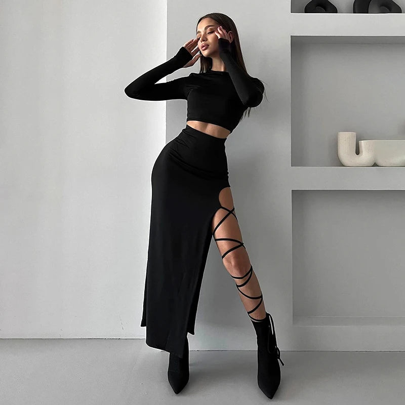 Conjunto de top corto de manga larga con cuello halter, cintura elástica y abertura alta, sin piernas, falda con lazo sexy
