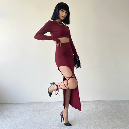 Conjunto de top corto de manga larga con cuello halter, cintura elástica y abertura alta, sin piernas, falda con lazo sexy