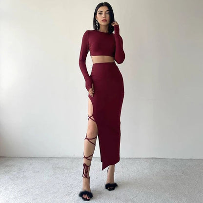 Conjunto de top corto de manga larga con cuello halter, cintura elástica y abertura alta, sin piernas, falda con lazo sexy