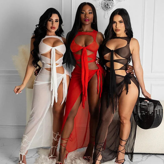 Sexy Party Club Bodycon Dresses For Women¡¯s 2025 Summer Clothing Solid Cut Out Lace Up Mesh Dress Female Streetwears