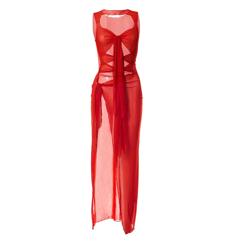 Vestidos ajustados sexis para fiesta y club para mujer, ropa de verano 2025, vestido de malla con cordones y corte liso, ropa de calle femenina