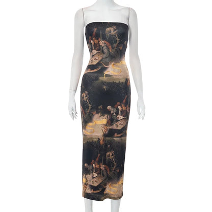 Vestido midi ajustado de malla con estampado de pintura al óleo, sexy y sin tirantes, elegante, para fiesta, de marca, el más vendido.