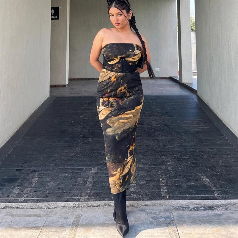 Vestido midi ajustado de malla con estampado de pintura al óleo, sexy y sin tirantes, elegante, para fiesta, de marca, el más vendido.