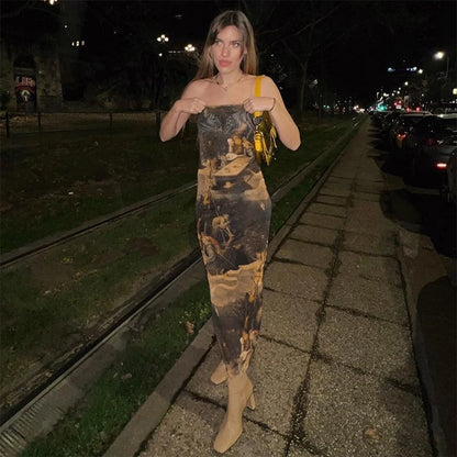 Vestido midi ajustado de malla con estampado de pintura al óleo, sexy y sin tirantes, elegante, para fiesta, de marca, el más vendido.