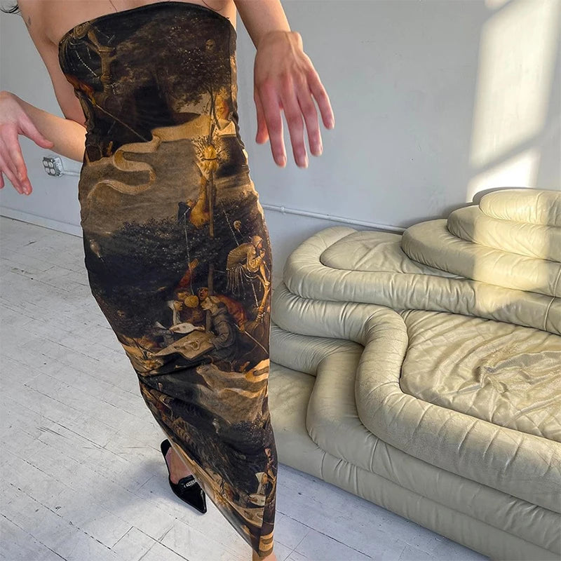 Vestido midi ajustado de malla con estampado de pintura al óleo, sexy y sin tirantes, elegante, para fiesta, de marca, el más vendido.