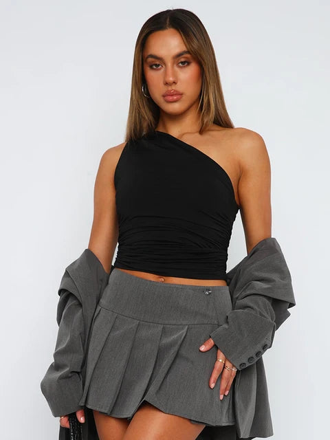 Solid Color One Shoulder Backless Tank Top T-Shirt Candy Color Sleeveless Slim Top