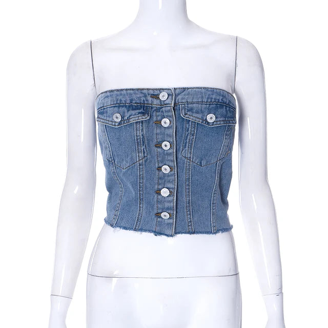 Solid Denim Pocket Design Button Vest Women Casual Bare Midriff Wrapped Chest Sleeveless Crop Tops Streetwear Tanks – Sleeveless Crop Tops Streetwear Tanks – Women Casual Bare Midriff Wrapped Chest – Solid Denim Pocket Design Button Vest
