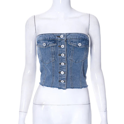Solid Denim Pocket Design Button Vest Women Casual Bare Midriff Wrapped Chest Sleeveless Crop Tops Streetwear Tanks – Sleeveless Crop Tops Streetwear Tanks – Women Casual Bare Midriff Wrapped Chest – Solid Denim Pocket Design Button Vest