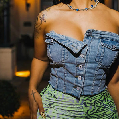 Solid Denim Pocket Design Button Vest Women Casual Bare Midriff Wrapped Chest Sleeveless Crop Tops Streetwear Tanks – Sleeveless Crop Tops Streetwear Tanks – Women Casual Bare Midriff Wrapped Chest – Solid Denim Pocket Design Button Vest