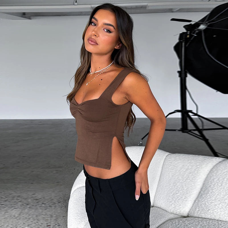 Square Collar Tank Women Slim Split Crop Tops Chic Backless Sleeveless Casual Camis Summer 2025 Y2K Double Layer