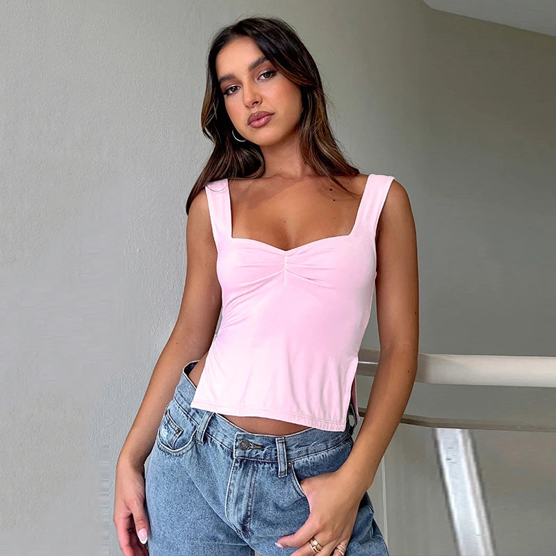 Square Collar Tank Women Slim Split Crop Tops Chic Backless Sleeveless Casual Camis Summer 2025 Y2K Double Layer