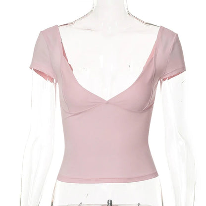 Camisetas sexys de verano para mujer, ropa elástica ajustada, camisetas de manga larga con cuello en V, ropa de calle
