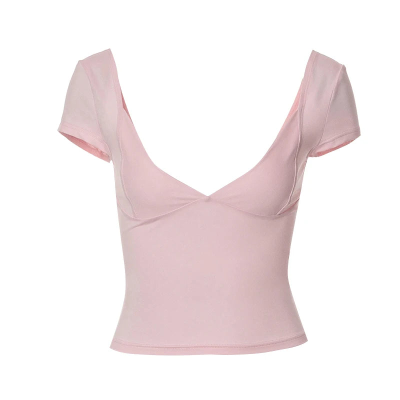 Camisetas sexys de verano para mujer, ropa elástica ajustada, camisetas de manga larga con cuello en V, ropa de calle
