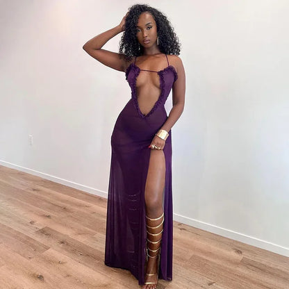Women Noble Furry Halter Sleeveless Hollow Dress Camisole Shrunk Split Wave Cut Dress Luxury Prom Occasion Evening Gown