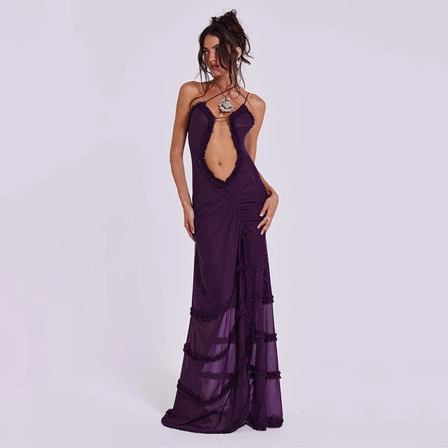 Women Noble Furry Halter Sleeveless Hollow Dress Camisole Shrunk Split Wave Cut Dress Luxury Prom Occasion Evening Gown