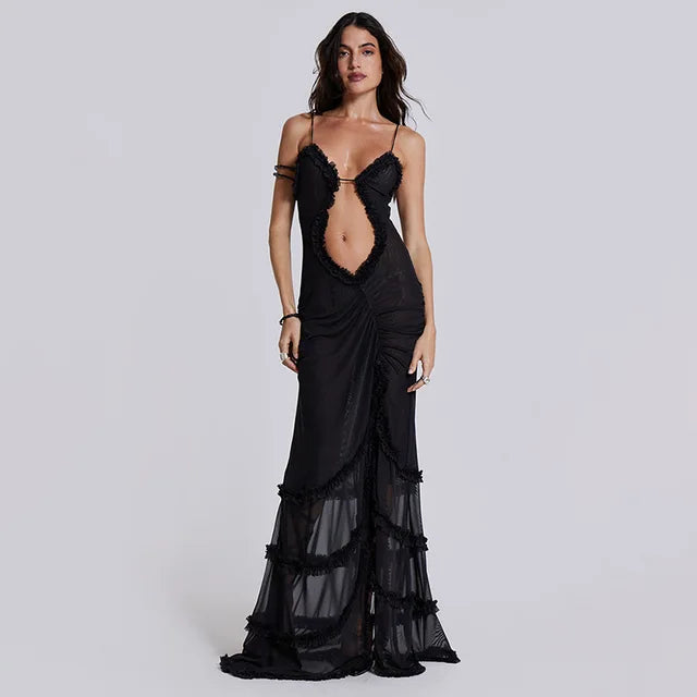 Women Noble Furry Halter Sleeveless Hollow Dress Camisole Shrunk Split Wave Cut Dress Luxury Prom Occasion Evening Gown