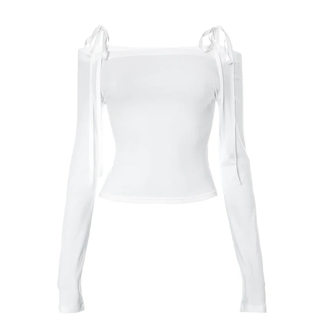 Women Off Shoulder Long Sleeve T Shirts Autumn Y2K Elegant White Crop Tops Skinny Strapless Casual Basic Tees Bow
