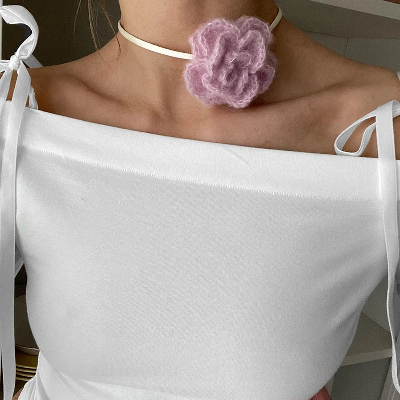 Women Off Shoulder Long Sleeve T Shirts Autumn Y2K Elegant White Crop Tops Skinny Strapless Casual Basic Tees Bow