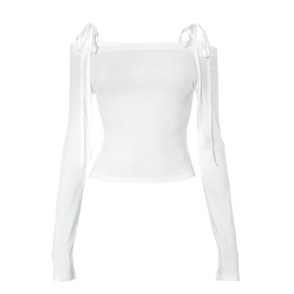 Women Off Shoulder Long Sleeve T Shirts Autumn Y2K Elegant White Crop Tops Skinny Strapless Casual Basic Tees Bow
