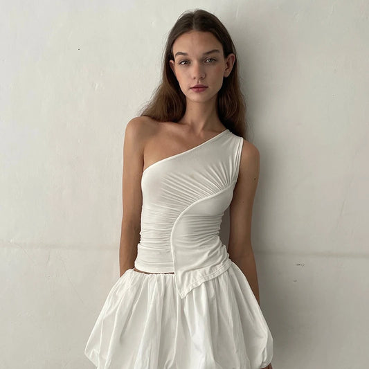 Camisetas de tirantes de verano para mujer, blusa camisola ajustada de color liso sin mangas con un solo hombro, ropa estética