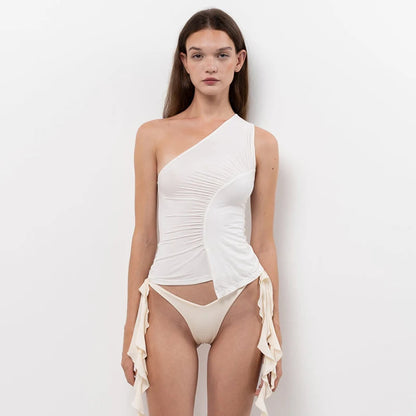 Camisetas de tirantes de verano para mujer, blusa camisola ajustada de color liso sin mangas con un solo hombro, ropa estética
