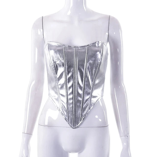 Chaleco metálico para mujer, top sexy ajustado con corsé, camisa de fondo, vendaje en la cintura, ropa de calle para chicas atractivas, primavera 2025