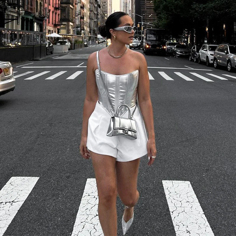 Chaleco metálico para mujer, top sexy ajustado con corsé, camisa de fondo, vendaje en la cintura, ropa de calle para chicas atractivas, primavera 2025