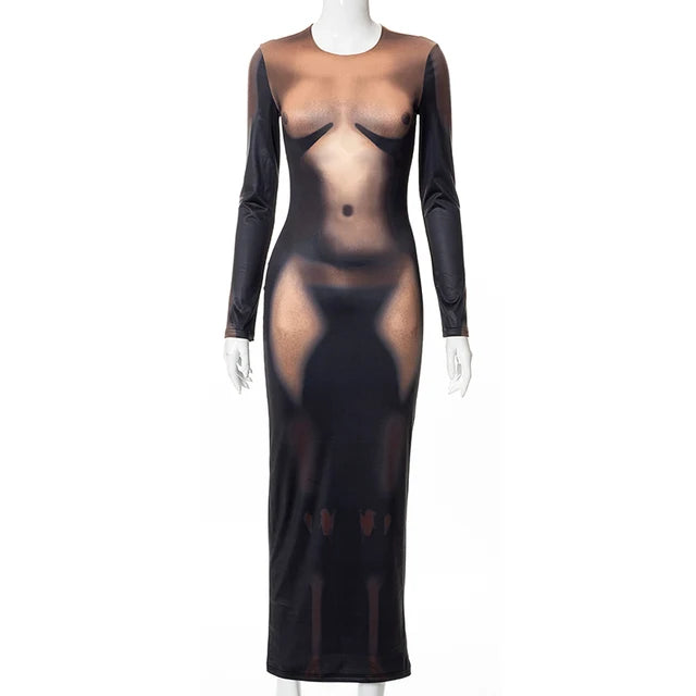 Y2K 3D Body Print Maxi Dress Women Long Sleeve Unique Sexy Body-Shaping Attirewear Robe Party