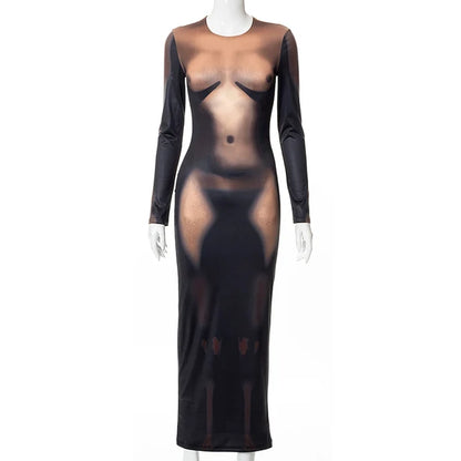 Y2K 3D Body Print Maxi Dress Women Long Sleeve Unique Sexy Body-Shaping Attirewear Robe Party