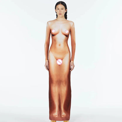 Y2K 3D Body Print Maxi Dress Women Long Sleeve Unique Sexy Body-Shaping Attirewear Robe Party