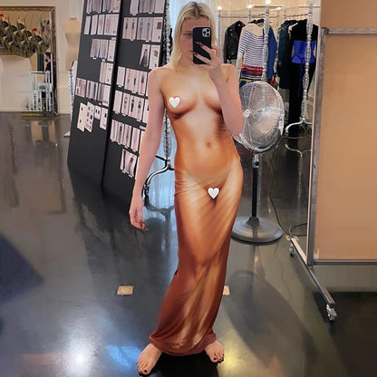 Y2K 3D Body Print Maxi Dress Women Long Sleeve Unique Sexy Body-Shaping Attirewear Robe Party