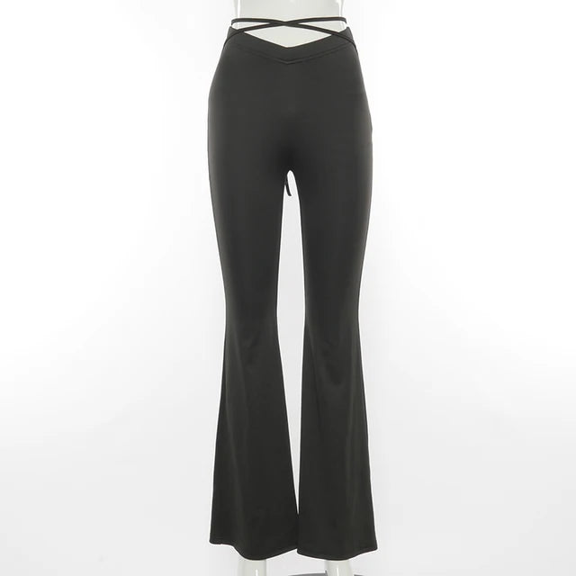 Y2k Flare Pants E Girl Style Sexy Strechy Trousers Women Lace Up V Waist Low Rise Harajuku Black Pants