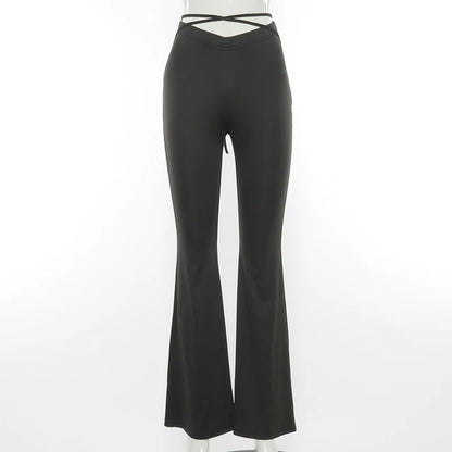 Y2k Flare Pants E Girl Style Sexy Strechy Trousers Women Lace Up V Waist Low Rise Harajuku Black Pants