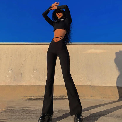 Y2k Flare Pants E Girl Style Sexy Strechy Trousers Women Lace Up V Waist Low Rise Harajuku Black Pants