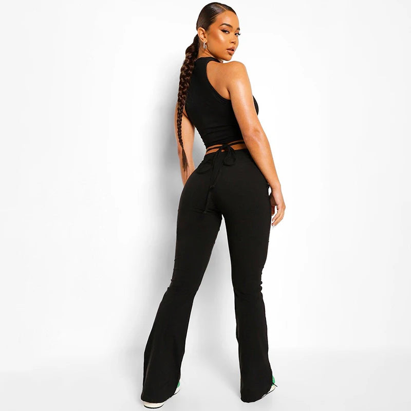 Y2k Flare Pants E Girl Style Sexy Strechy Trousers Women Lace Up V Waist Low Rise Harajuku Black Pants