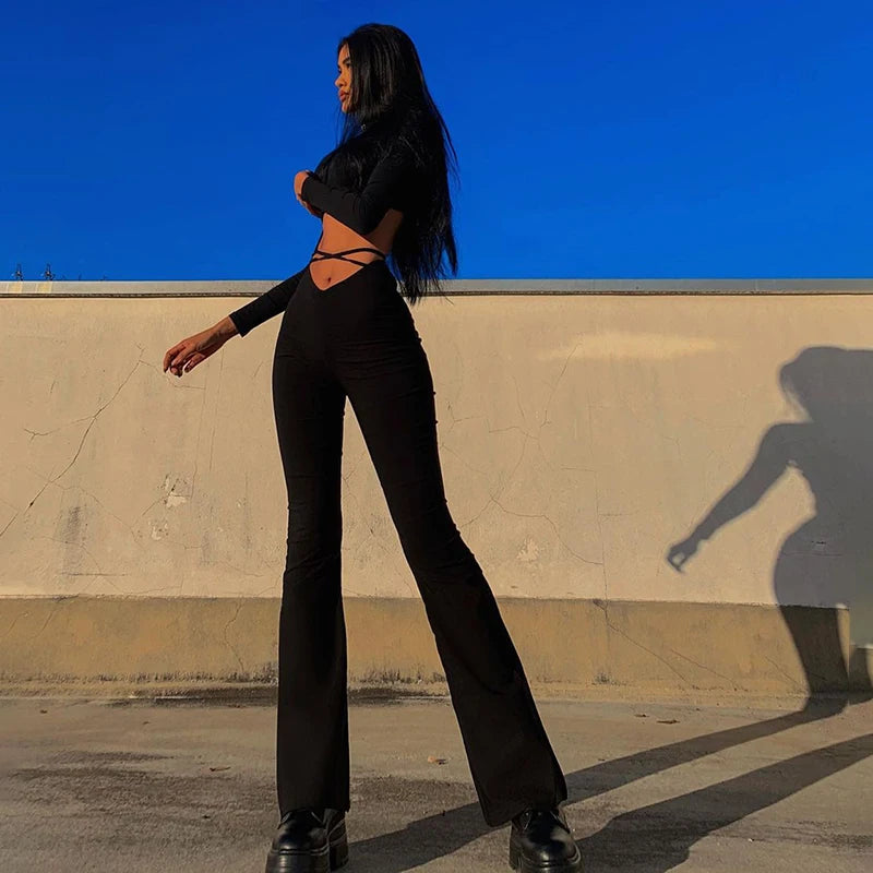 Y2k Flare Pants E Girl Style Sexy Strechy Trousers Women Lace Up V Waist Low Rise Harajuku Black Pants