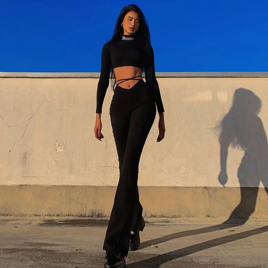 Y2k Flare Pants E Girl Style Sexy Strechy Trousers Women Lace Up V Waist Low Rise Harajuku Black Pants