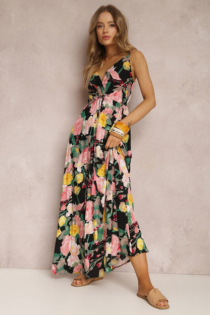 Vestido largo negro sin mangas con escote en V y espalda descubierta con estampado floral 