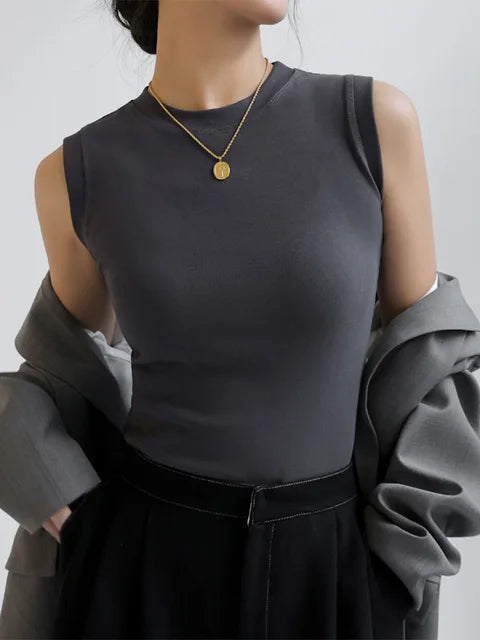 Camisola de algodón para mujer, cuello redondo, colorida, básica, sin mangas, con cobertura para escote lateral.