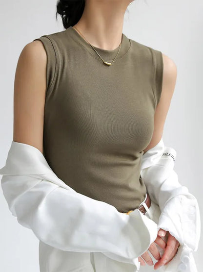 Camisola de algodón para mujer, cuello redondo, colorida, básica, sin mangas, con cobertura para escote lateral.