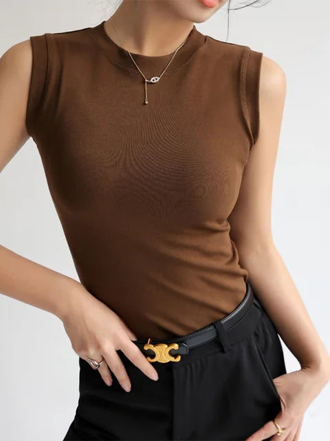 Camisola de algodón para mujer, cuello redondo, colorida, básica, sin mangas, con cobertura para escote lateral.