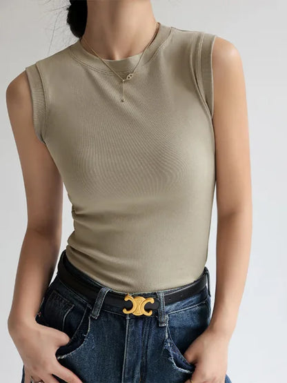 Camisola de algodón para mujer, cuello redondo, colorida, básica, sin mangas, con cobertura para escote lateral.
