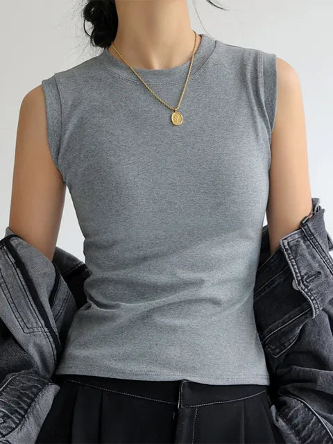 Camisola de algodón para mujer, cuello redondo, colorida, básica, sin mangas, con cobertura para escote lateral.