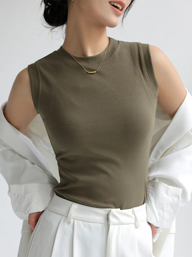Camisola de algodón para mujer, cuello redondo, colorida, básica, sin mangas, con cobertura para escote lateral.