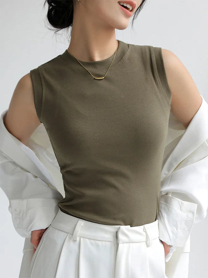 Camisola de algodón para mujer, cuello redondo, colorida, básica, sin mangas, con cobertura para escote lateral.