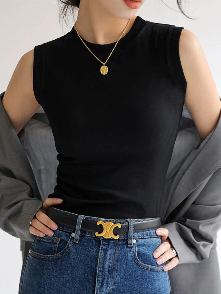 Camisola de algodón para mujer, cuello redondo, colorida, básica, sin mangas, con cobertura para escote lateral.