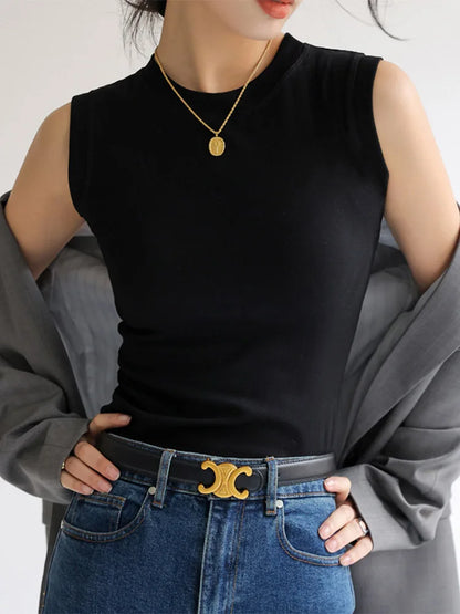 Camisola de algodón para mujer, cuello redondo, colorida, básica, sin mangas, con cobertura para escote lateral.