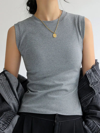 Camisola de algodón para mujer, cuello redondo, colorida, básica, sin mangas, con cobertura para escote lateral.