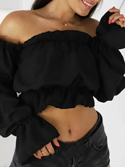 Tops cortos con hombros descubiertos de color caramelo para mujer, camisas de verano con estampado de lunares y mangas acampanadas, blusa playera sexy con cuello oblicuo para mujer