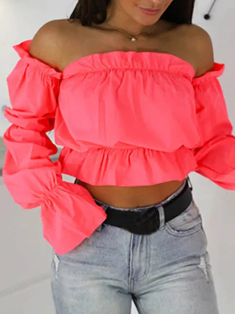 Tops cortos con hombros descubiertos de color caramelo para mujer, camisas de verano con estampado de lunares y mangas acampanadas, blusa playera sexy con cuello oblicuo para mujer